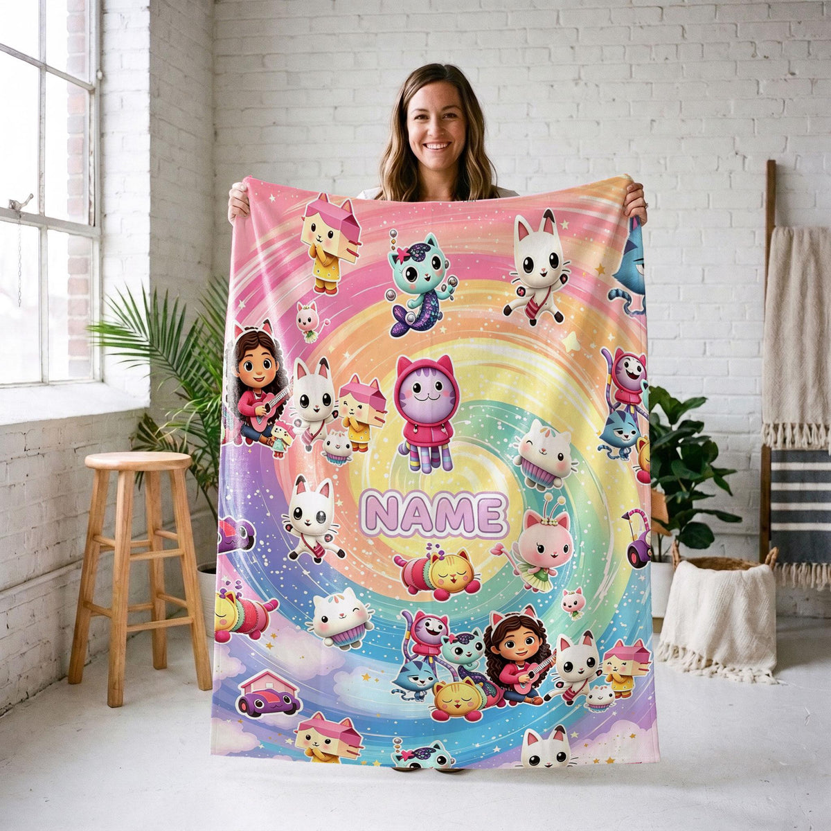 Gabby's Rainbow Swirl Blanket, Dollhouse Magic Custom Throw, Kids Cartoon Bedding, Girls Room Gift