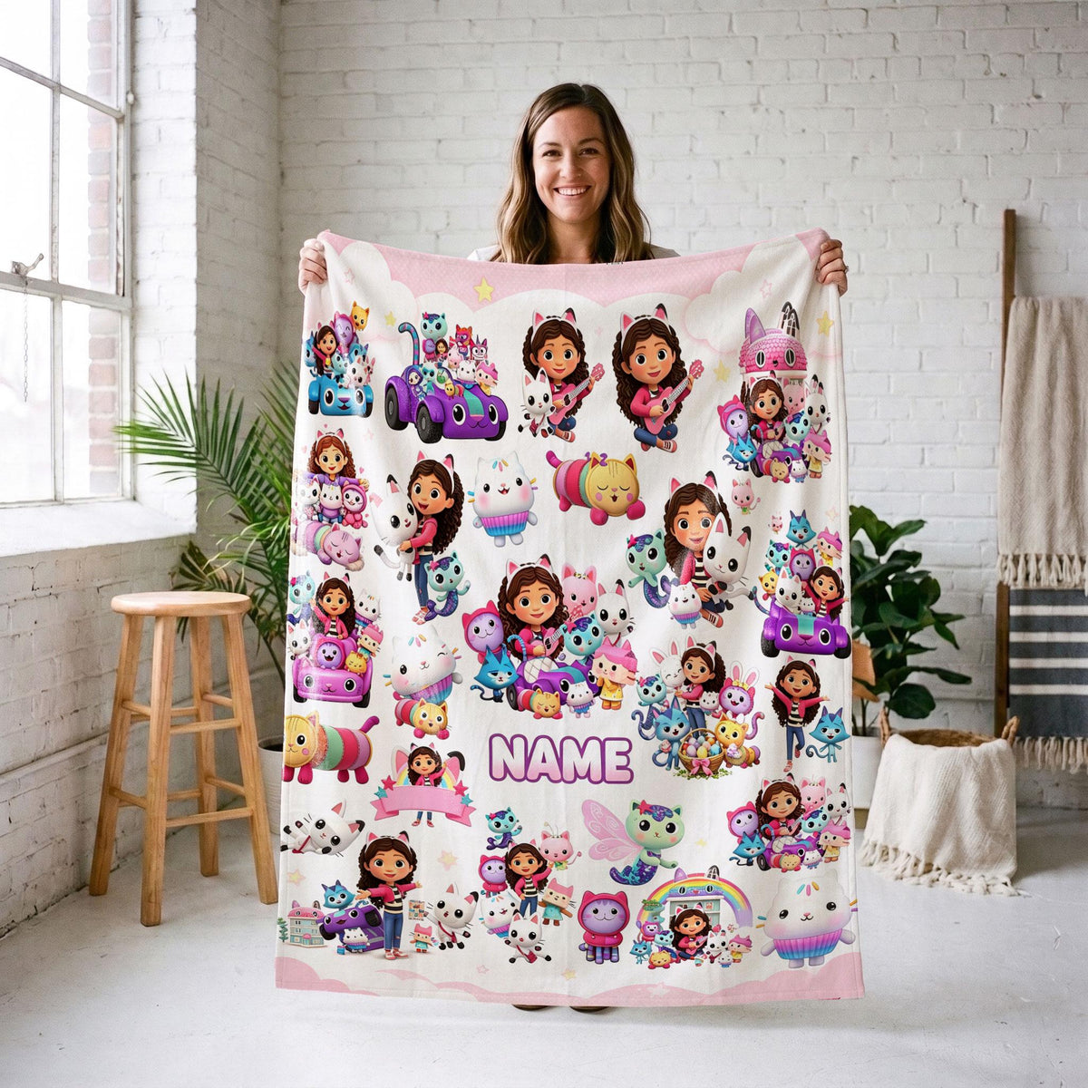 Gabby's Cat Car Blanket, Pink Cloud Dollhouse Throw, Pandy Paws Kids Bedding, Girls Playful Gift