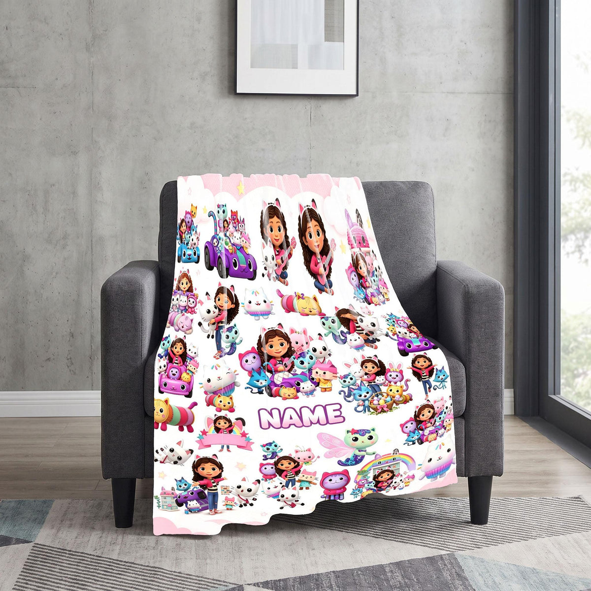 Gabby's Cat Car Blanket, Pink Cloud Dollhouse Throw, Pandy Paws Kids Bedding, Girls Playful Gift