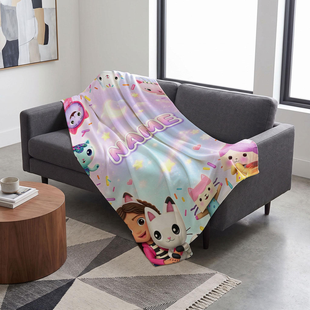 Gabby's Starry Sprinkles Blanket, Purple Night Dollhouse Throw, Custom Name Bedding, Kids Sweet Dreams Gift