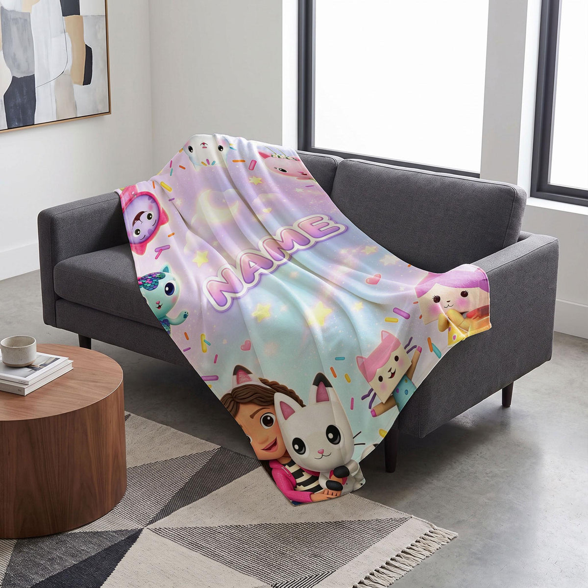 Gabby's Starry Sprinkles Blanket, Purple Night Dollhouse Throw, Custom Name Bedding, Kids Sweet Dreams Gift