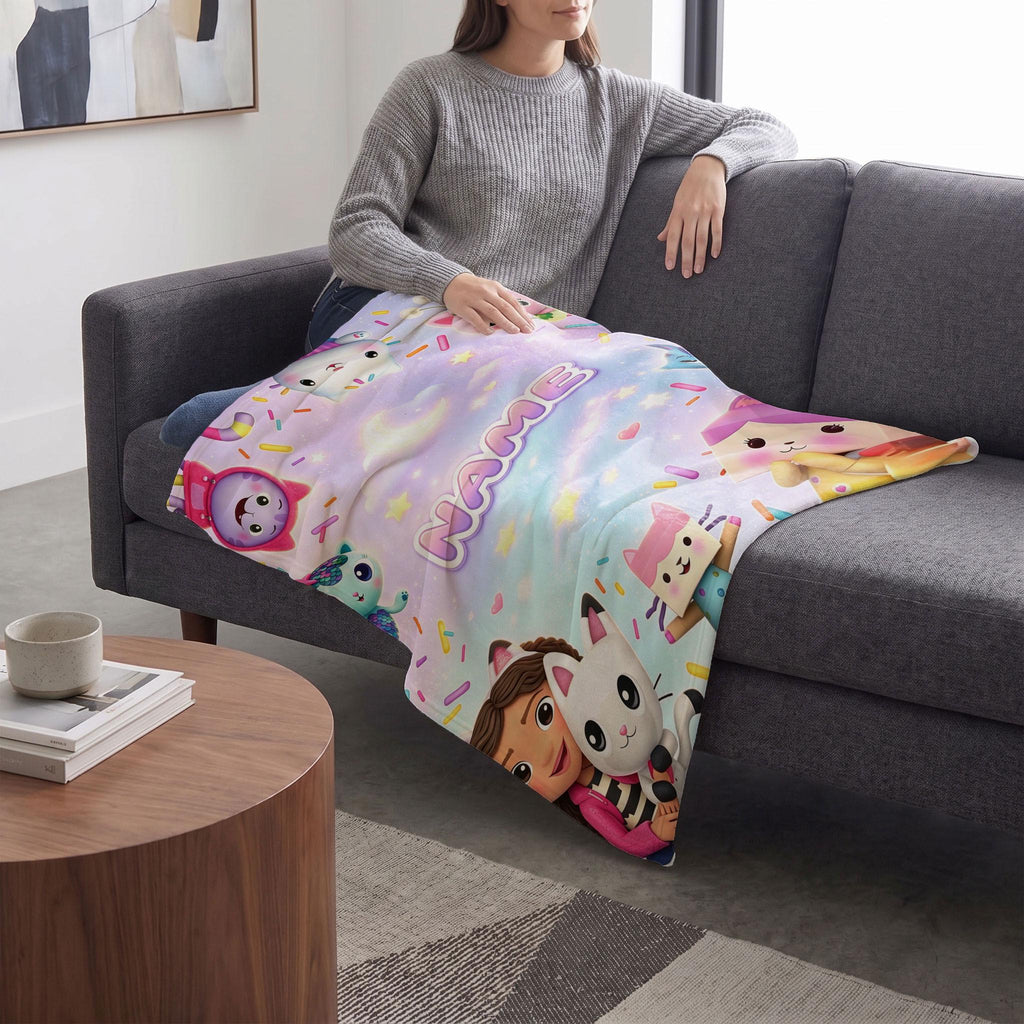 Gabby's Starry Sprinkles Blanket, Purple Night Dollhouse Throw, Custom Name Bedding, Kids Sweet Dreams Gift