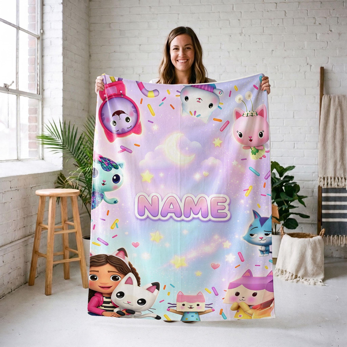 Gabby's Starry Sprinkles Blanket, Purple Night Dollhouse Throw, Custom Name Bedding, Kids Sweet Dreams Gift