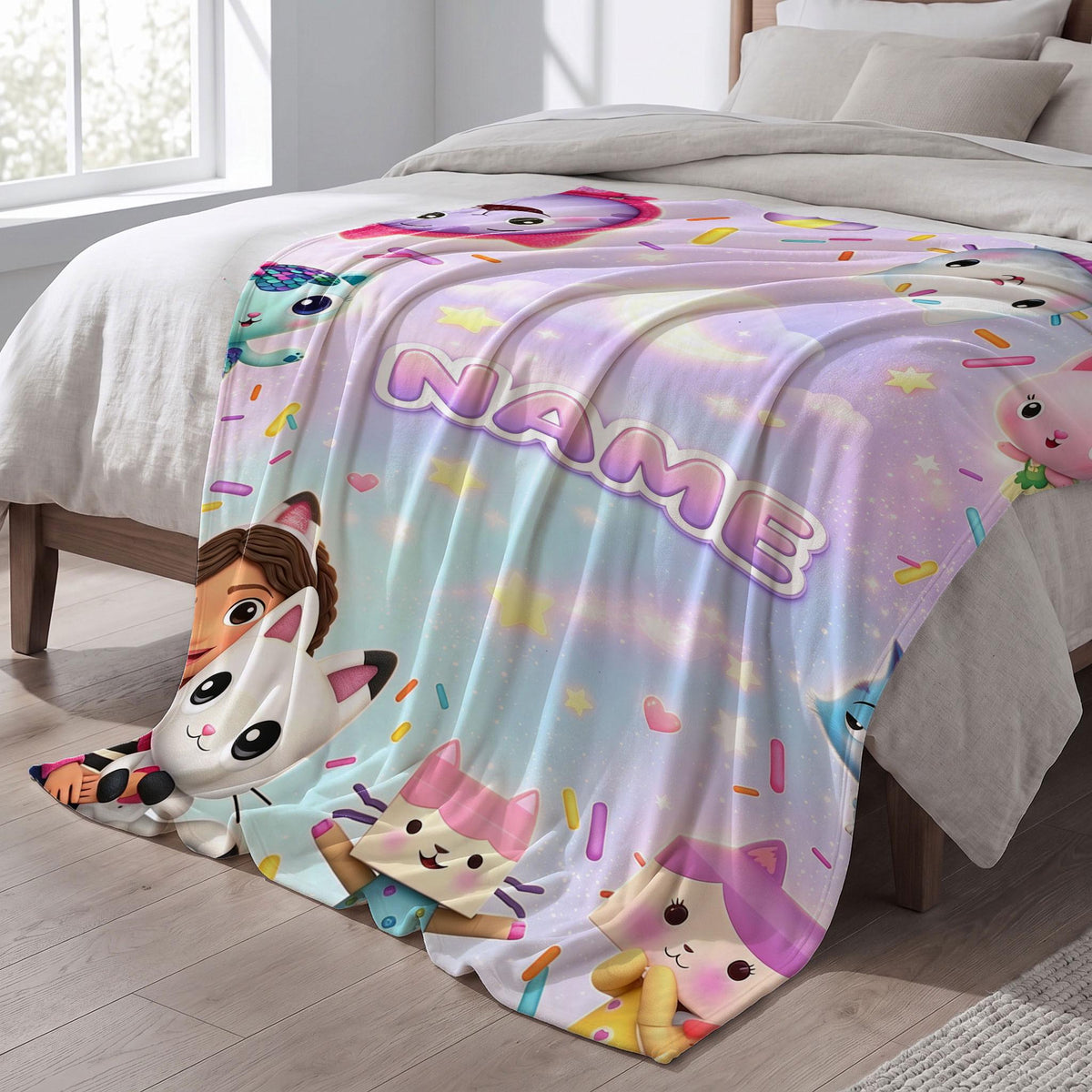 Gabby's Starry Sprinkles Blanket, Purple Night Dollhouse Throw, Custom Name Bedding, Kids Sweet Dreams Gift