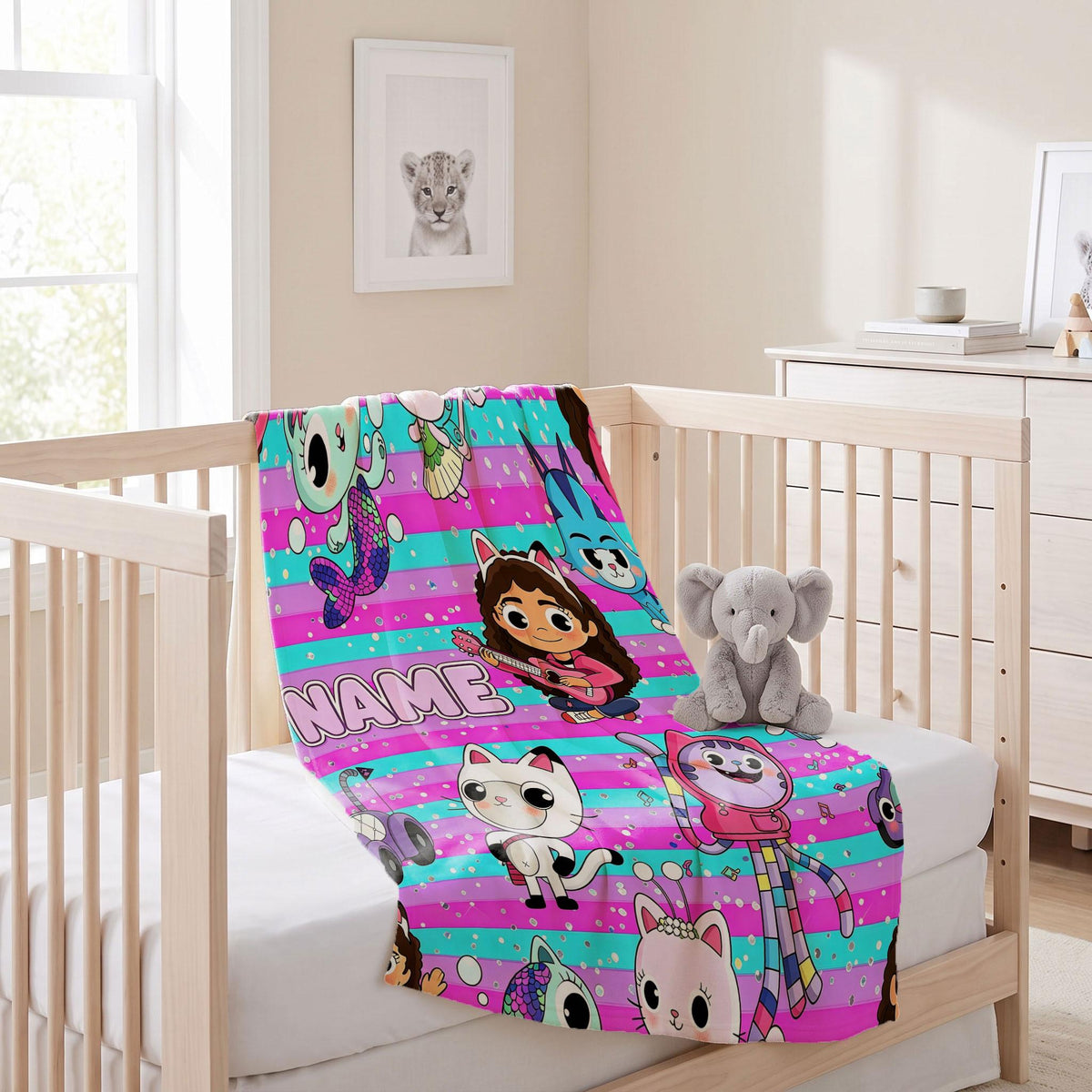 Gabby's Music Party Blanket, Pink Blue Striped Throw, Dollhouse Guitar Bedding, Girls Cool Room Gift