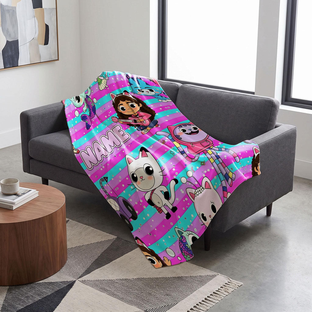 Gabby's Music Party Blanket, Pink Blue Striped Throw, Dollhouse Guitar Bedding, Girls Cool Room Gift