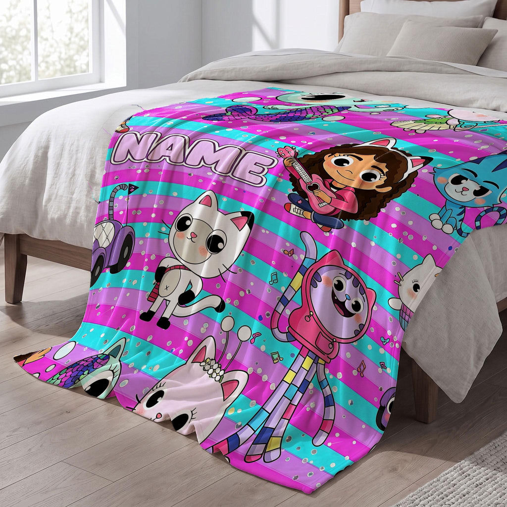 Gabby's Music Party Blanket, Pink Blue Striped Throw, Dollhouse Guitar Bedding, Girls Cool Room Gift