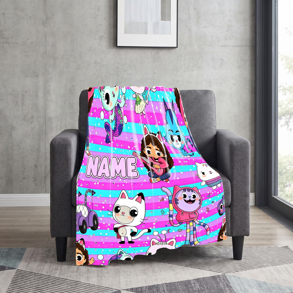 Gabby's Music Party Blanket, Pink Blue Striped Throw, Dollhouse Guitar Bedding, Girls Cool Room Gift