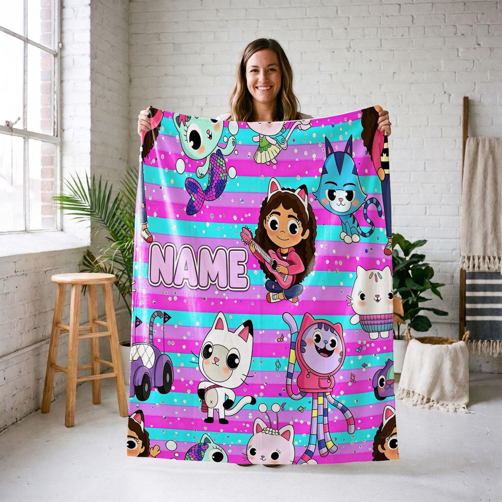 Gabby's Music Party Blanket, Pink Blue Striped Throw, Dollhouse Guitar Bedding, Girls Cool Room Gift