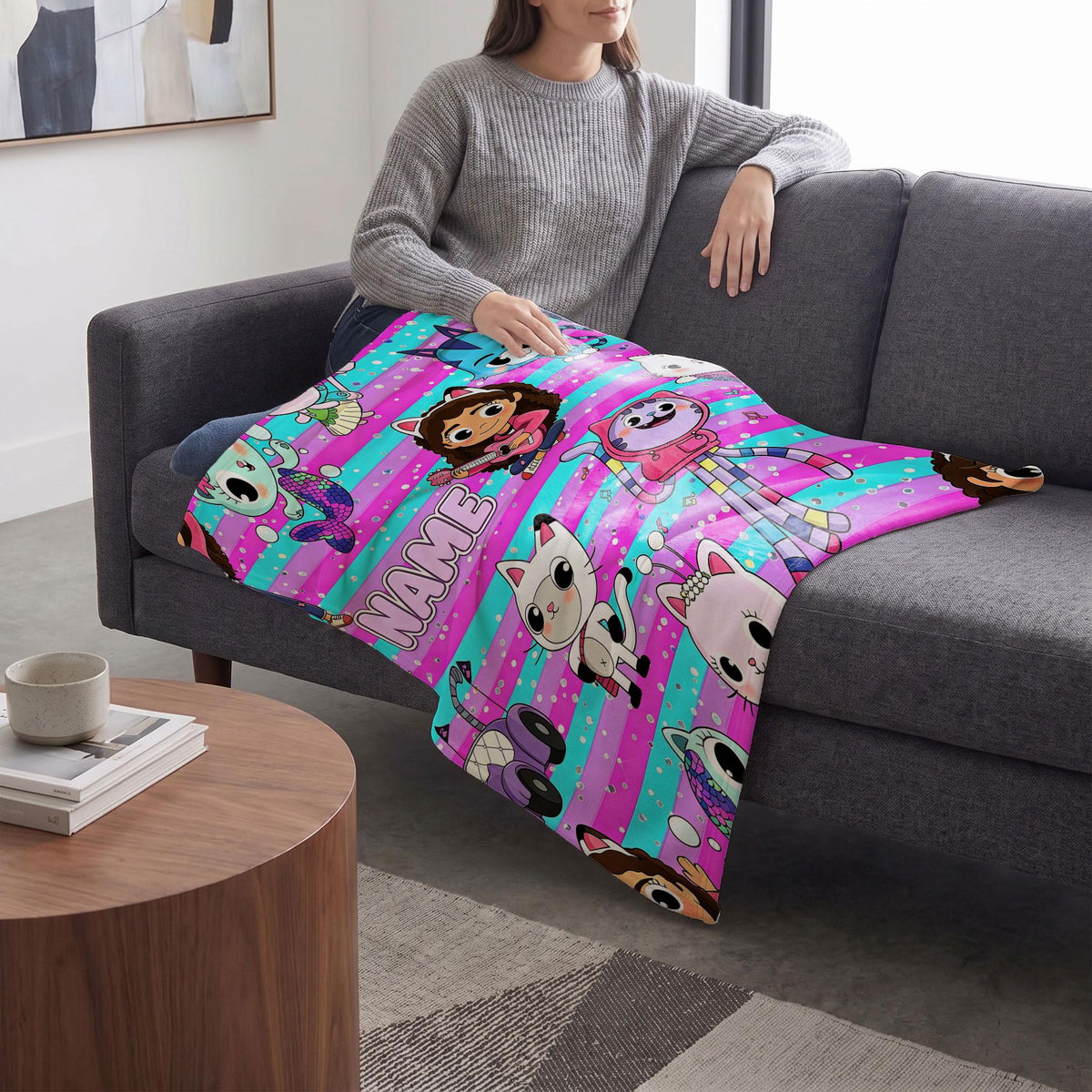 Gabby's Music Party Blanket, Pink Blue Striped Throw, Dollhouse Guitar Bedding, Girls Cool Room Gift