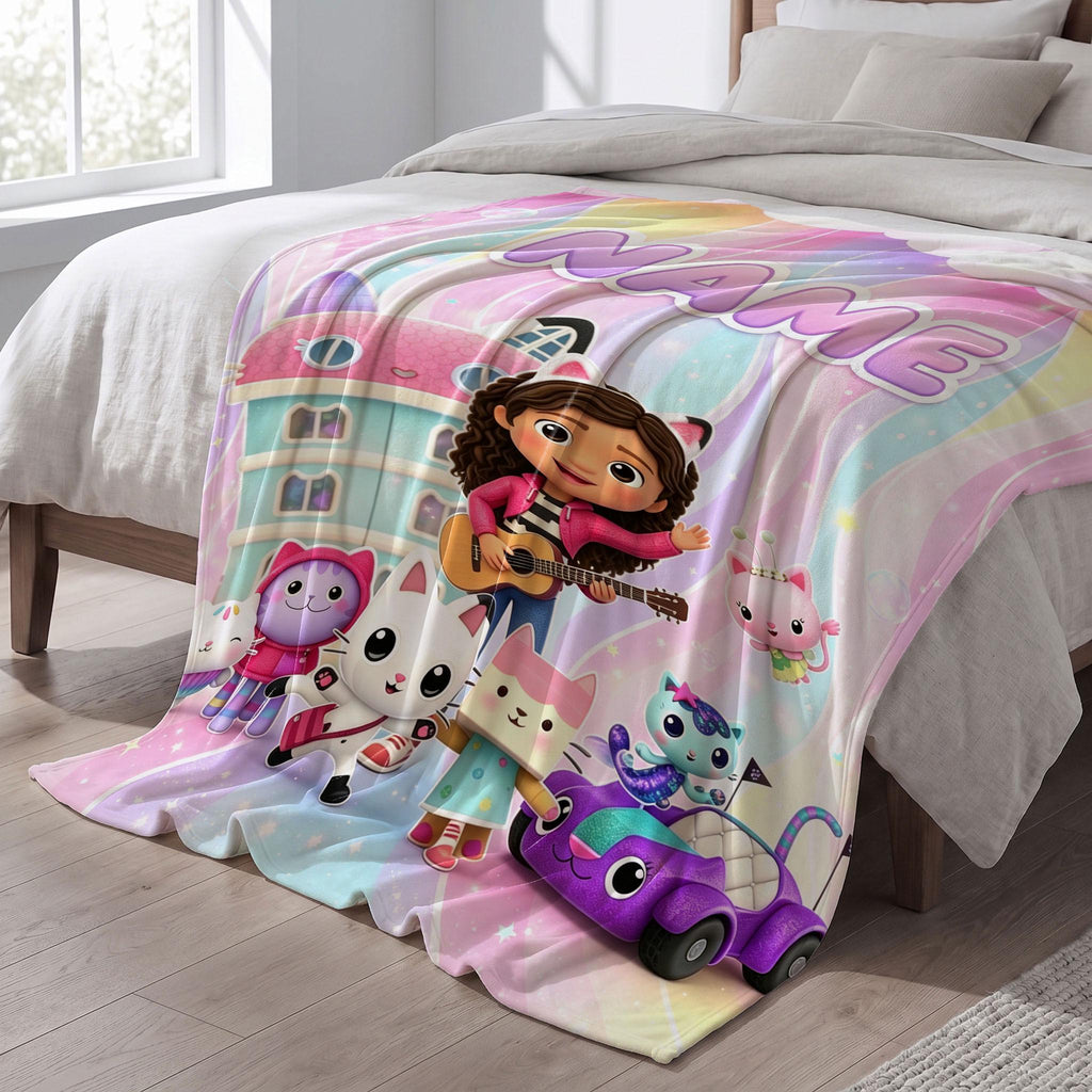 Gabby's Dollhouse Guitar Blanket, Pastel Rainbow Waves Throw, Kids Cartoon Bedding, Girls Music Gift