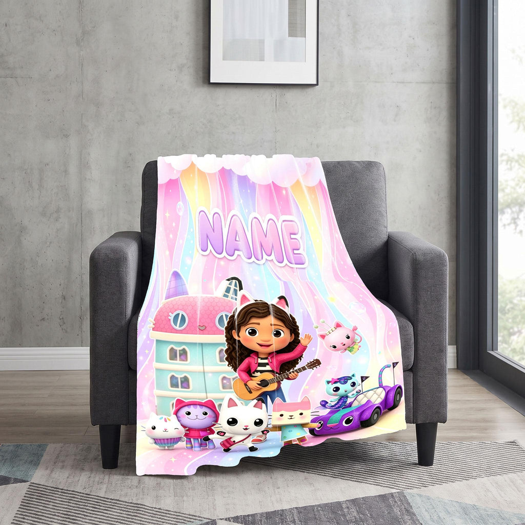 Gabby's Dollhouse Guitar Blanket, Pastel Rainbow Waves Throw, Kids Cartoon Bedding, Girls Music Gift