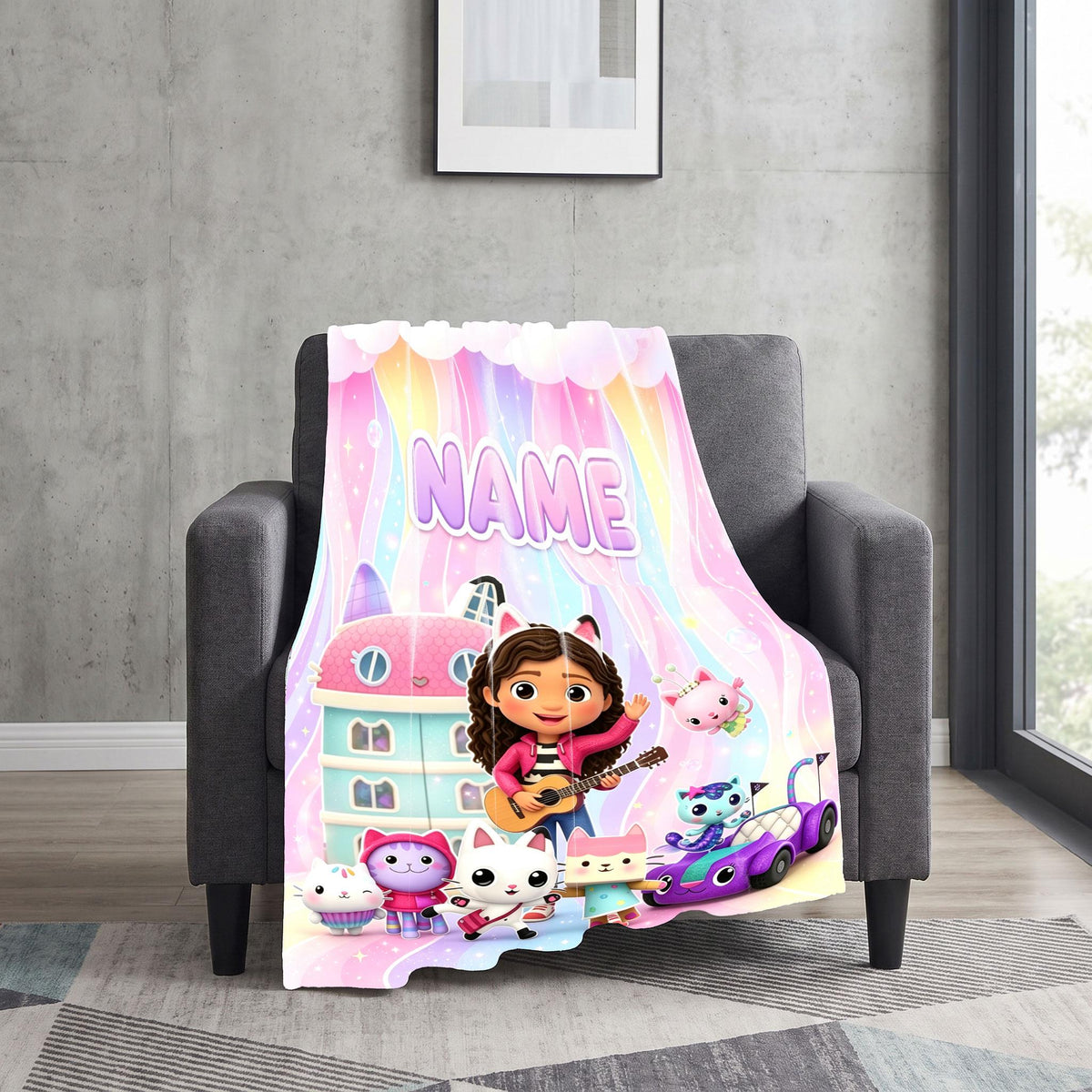 Gabby's Dollhouse Guitar Blanket, Pastel Rainbow Waves Throw, Kids Cartoon Bedding, Girls Music Gift