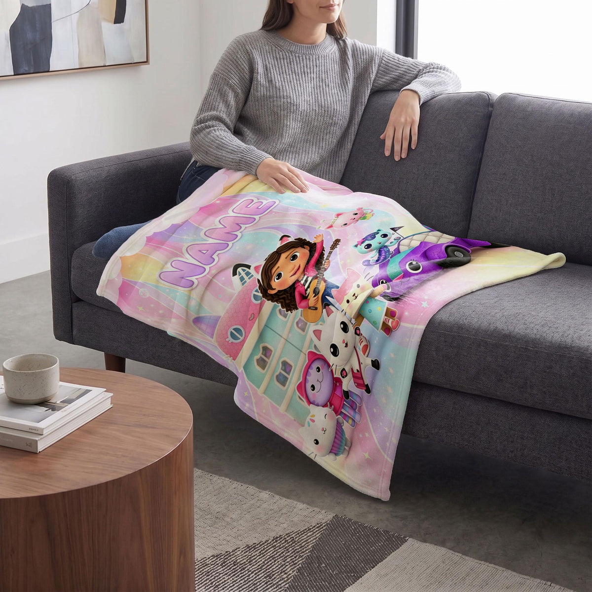 Gabby's Dollhouse Guitar Blanket, Pastel Rainbow Waves Throw, Kids Cartoon Bedding, Girls Music Gift