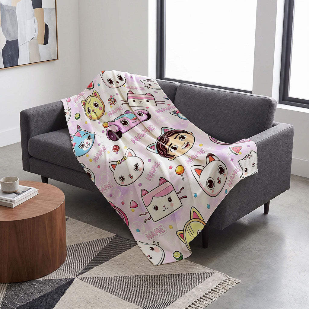 Gabby's Summer Faces Blanket, Pink Bubble Watercolor Throw, Kids Dollhouse Bedding, Girls Sweet Gift