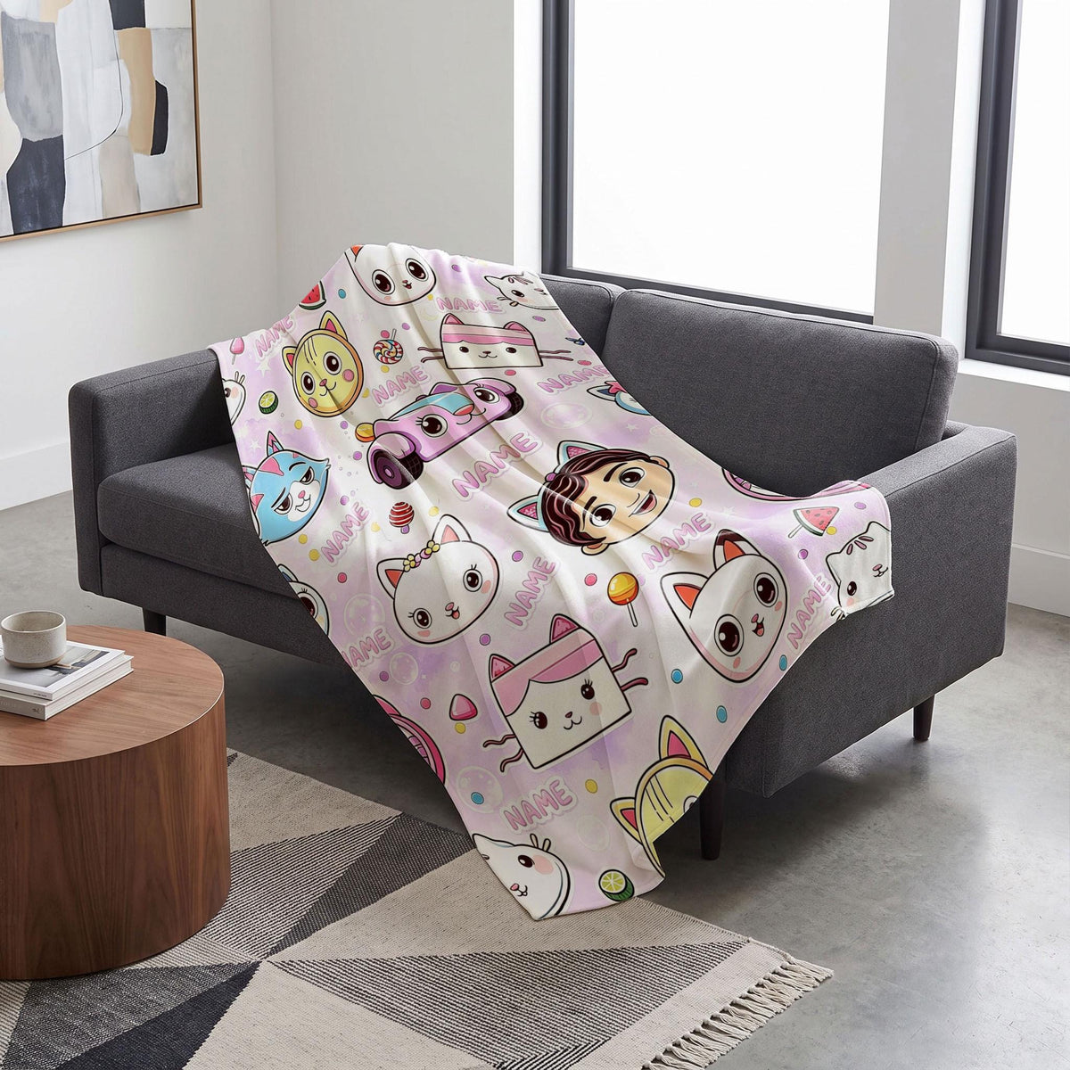 Gabby's Summer Faces Blanket, Pink Bubble Watercolor Throw, Kids Dollhouse Bedding, Girls Sweet Gift