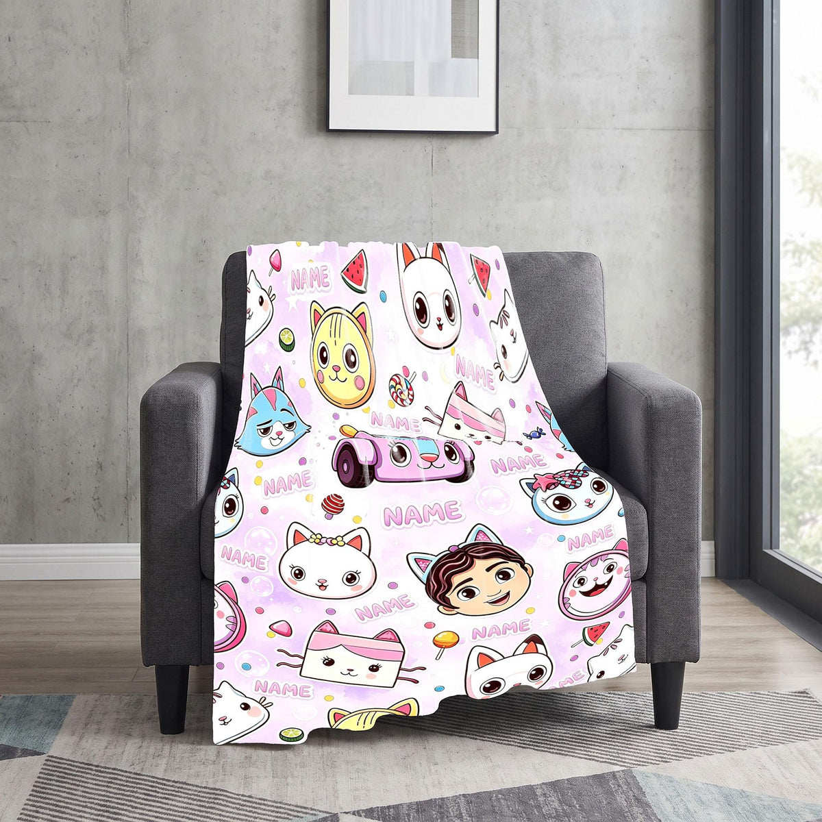 Gabby's Summer Faces Blanket, Pink Bubble Watercolor Throw, Kids Dollhouse Bedding, Girls Sweet Gift