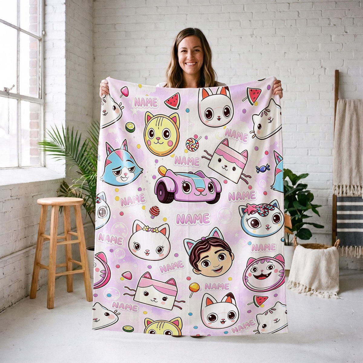 Gabby's Summer Faces Blanket, Pink Bubble Watercolor Throw, Kids Dollhouse Bedding, Girls Sweet Gift