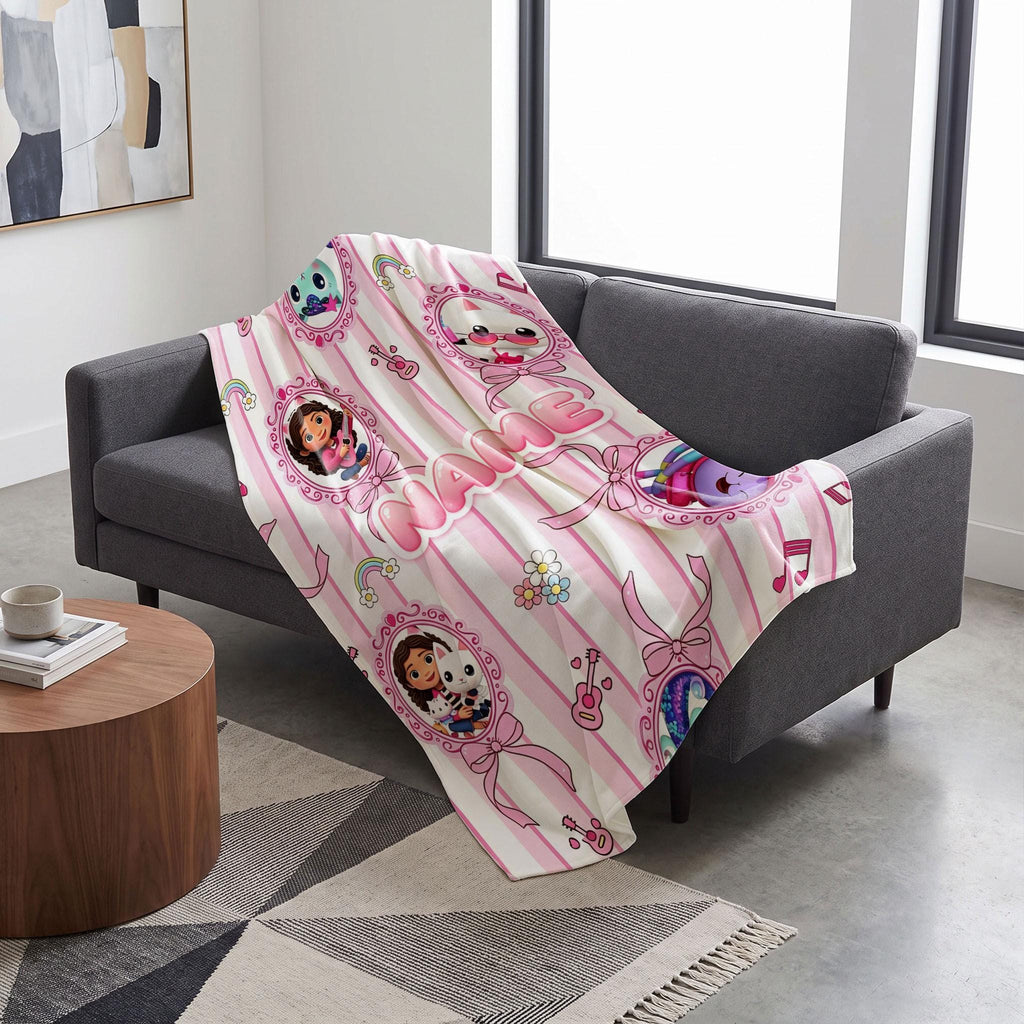Gabby's Dollhouse Cameo Blanket, Pink Striped Bow Throw, Kids Cartoon Bedding, Coquette Room Gift