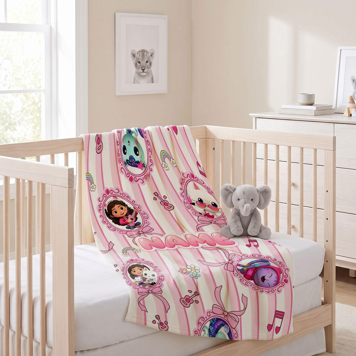 Gabby's Dollhouse Cameo Blanket, Pink Striped Bow Throw, Kids Cartoon Bedding, Coquette Room Gift