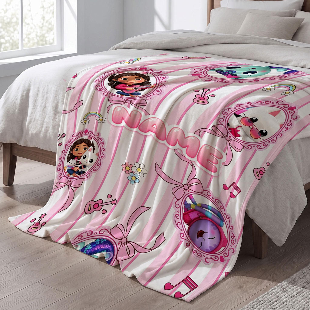 Gabby's Dollhouse Cameo Blanket, Pink Striped Bow Throw, Kids Cartoon Bedding, Coquette Room Gift