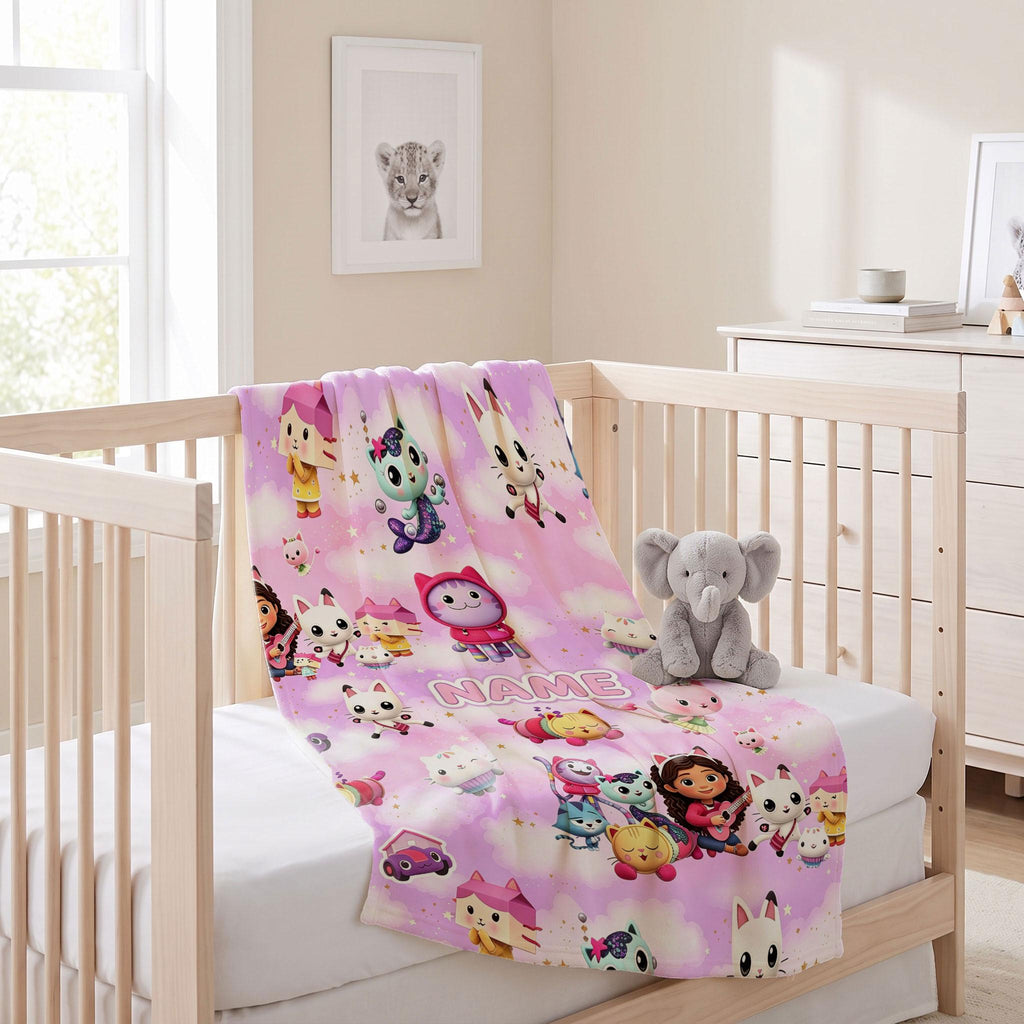 Gabby's Pink Cloud Blanket, Dollhouse Magic Custom Throw, Kids Cartoon Bedding, Girls Room Gift