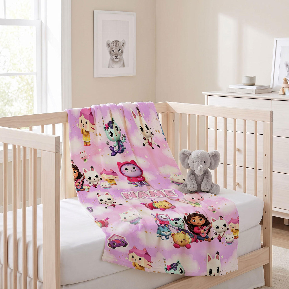 Gabby's Pink Cloud Blanket, Dollhouse Magic Custom Throw, Kids Cartoon Bedding, Girls Room Gift