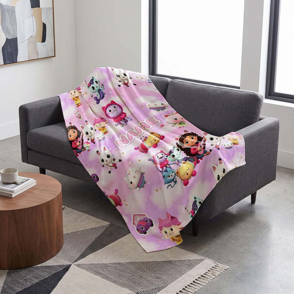 Gabby's Pink Cloud Blanket, Dollhouse Magic Custom Throw, Kids Cartoon Bedding, Girls Room Gift