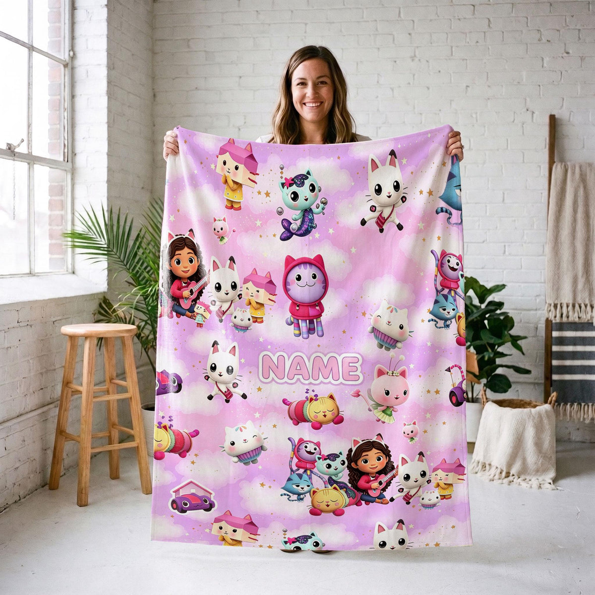Gabby's Pink Cloud Blanket, Dollhouse Magic Custom Throw, Kids Cartoon Bedding, Girls Room Gift
