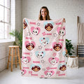 Multi Name Gabby Blanket, Pink Heart Faces Throw, Pandy Paws Kids Bedding, Dollhouse Girls Room Gift