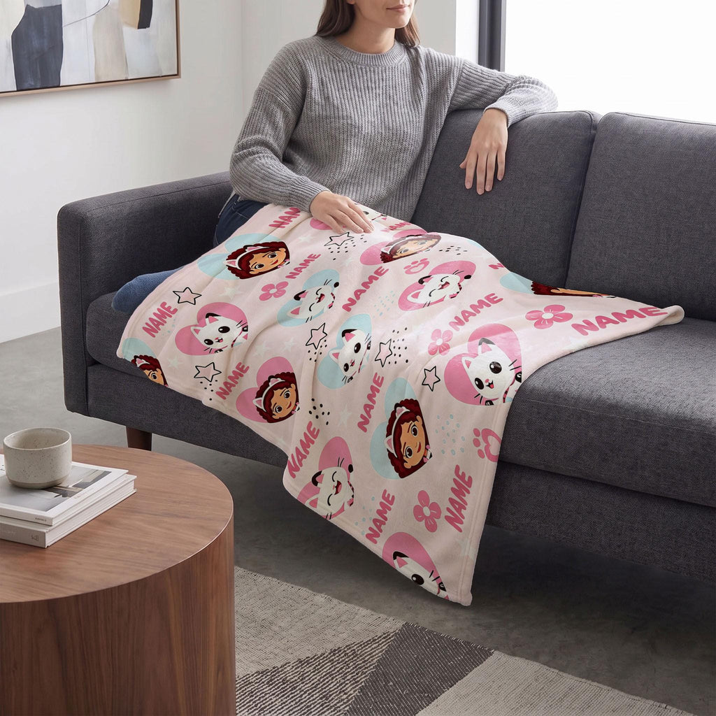 Multi Name Gabby Blanket, Pink Heart Faces Throw, Pandy Paws Kids Bedding, Dollhouse Girls Room Gift