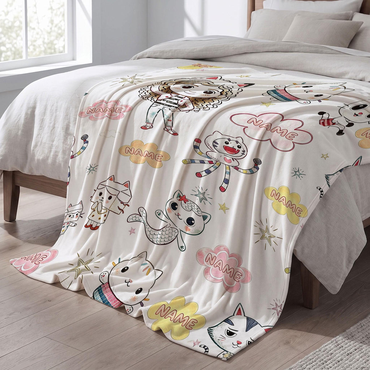 Gabby's Sketch Blanket, Color Pencil Dollhouse Throw, Kids Cartoon Bedding, Aesthetic Girls Room Gift