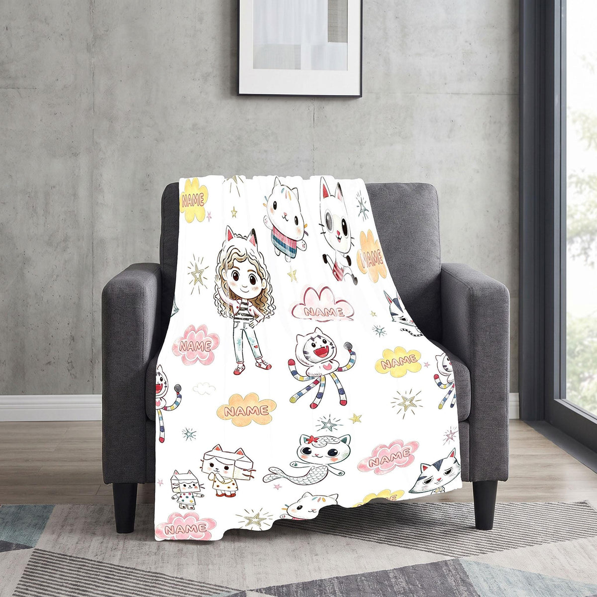 Gabby's Sketch Blanket, Color Pencil Dollhouse Throw, Kids Cartoon Bedding, Aesthetic Girls Room Gift
