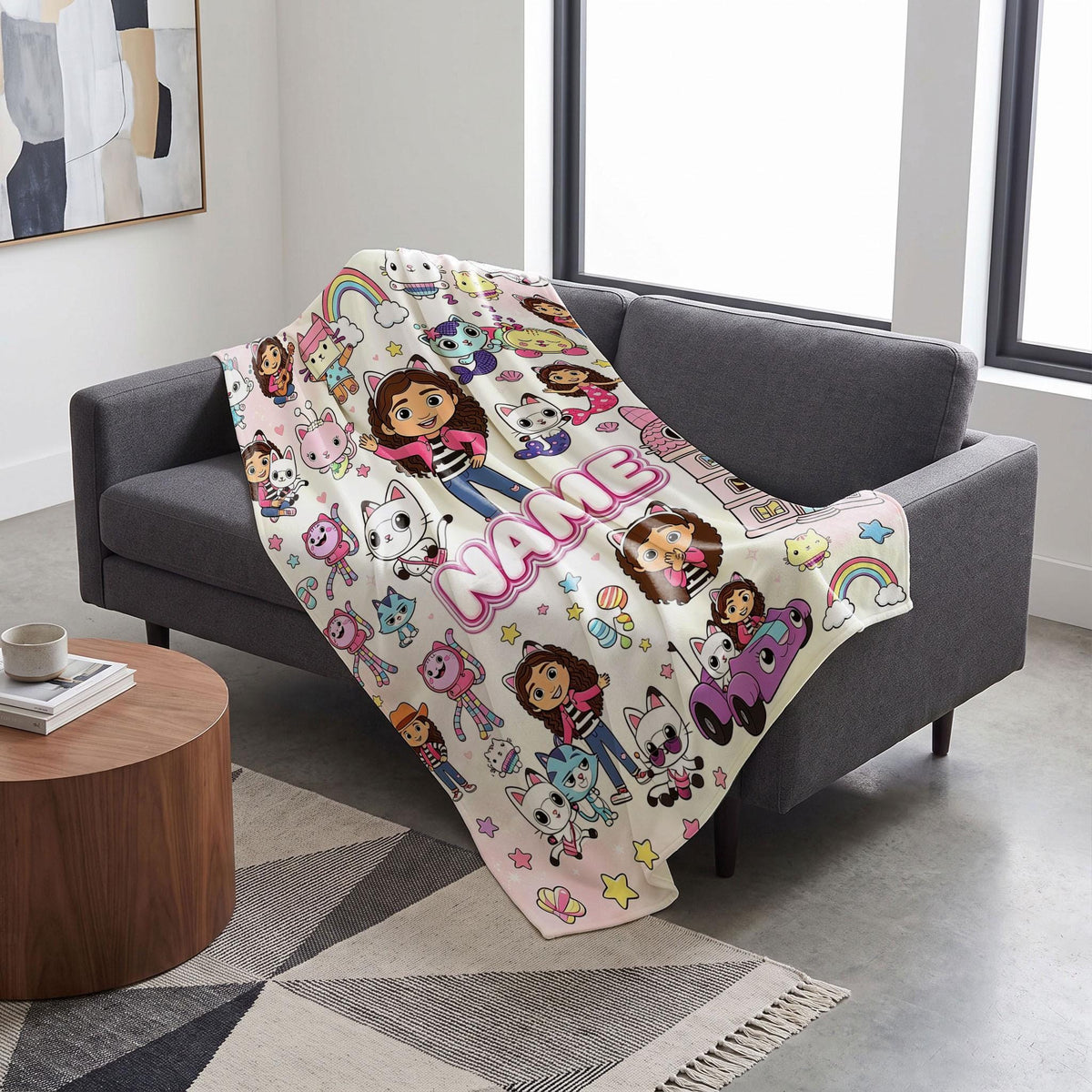 Gabby's Dollhouse Sticker Blanket, Magical Kitty Collage Throw, Kids Cartoon Bedding, Girls Birthday Gift