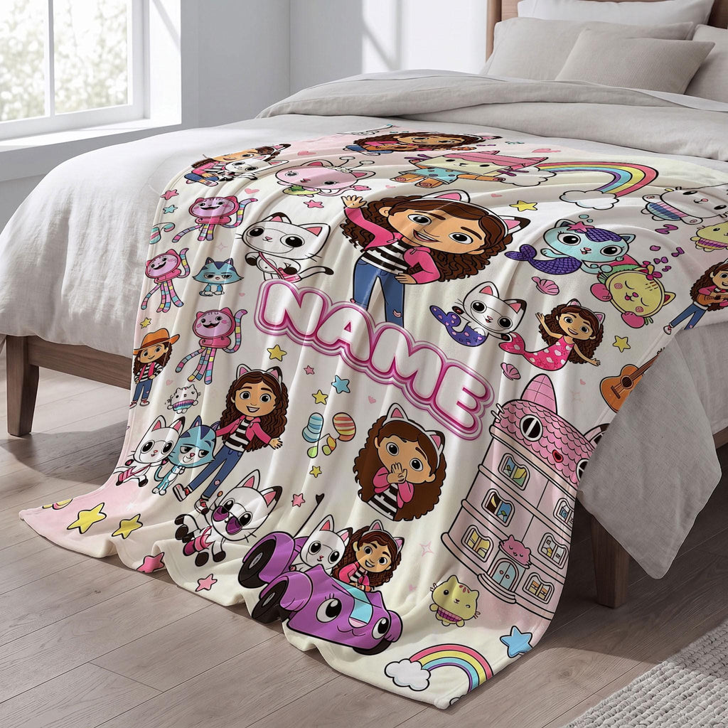 Gabby's Dollhouse Sticker Blanket, Magical Kitty Collage Throw, Kids Cartoon Bedding, Girls Birthday Gift