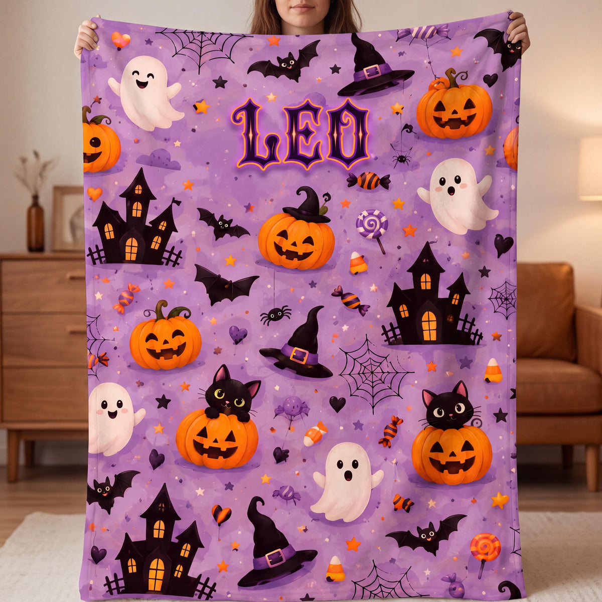 Personalized Boo Basket Stuffer for Kids, Spooky Season Movie Night Toddler Throw, Custom Ghost Pumpkin Name Flannel Autumn Gift