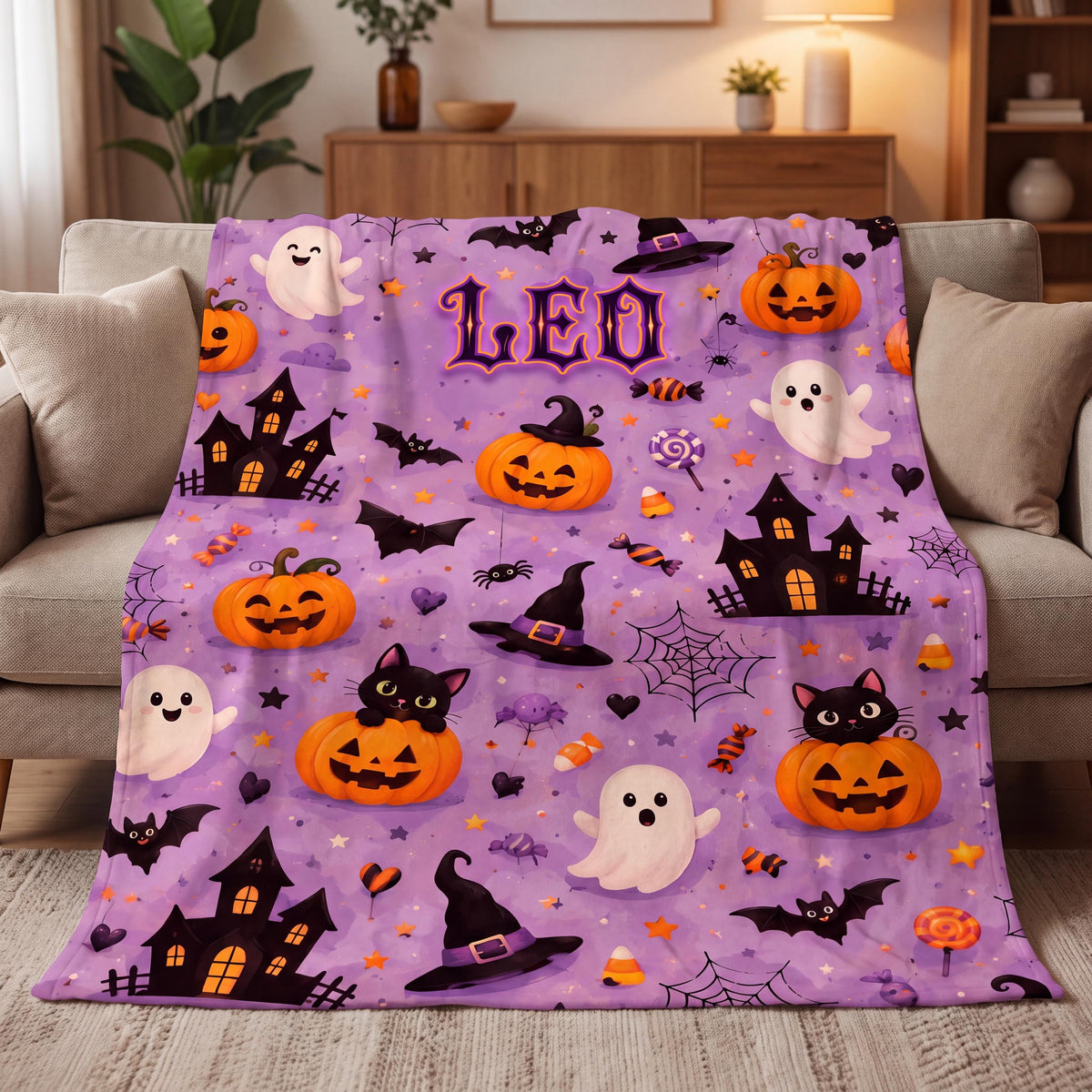 Personalized Boo Basket Stuffer for Kids, Spooky Season Movie Night Toddler Throw, Custom Ghost Pumpkin Name Flannel Autumn Gift