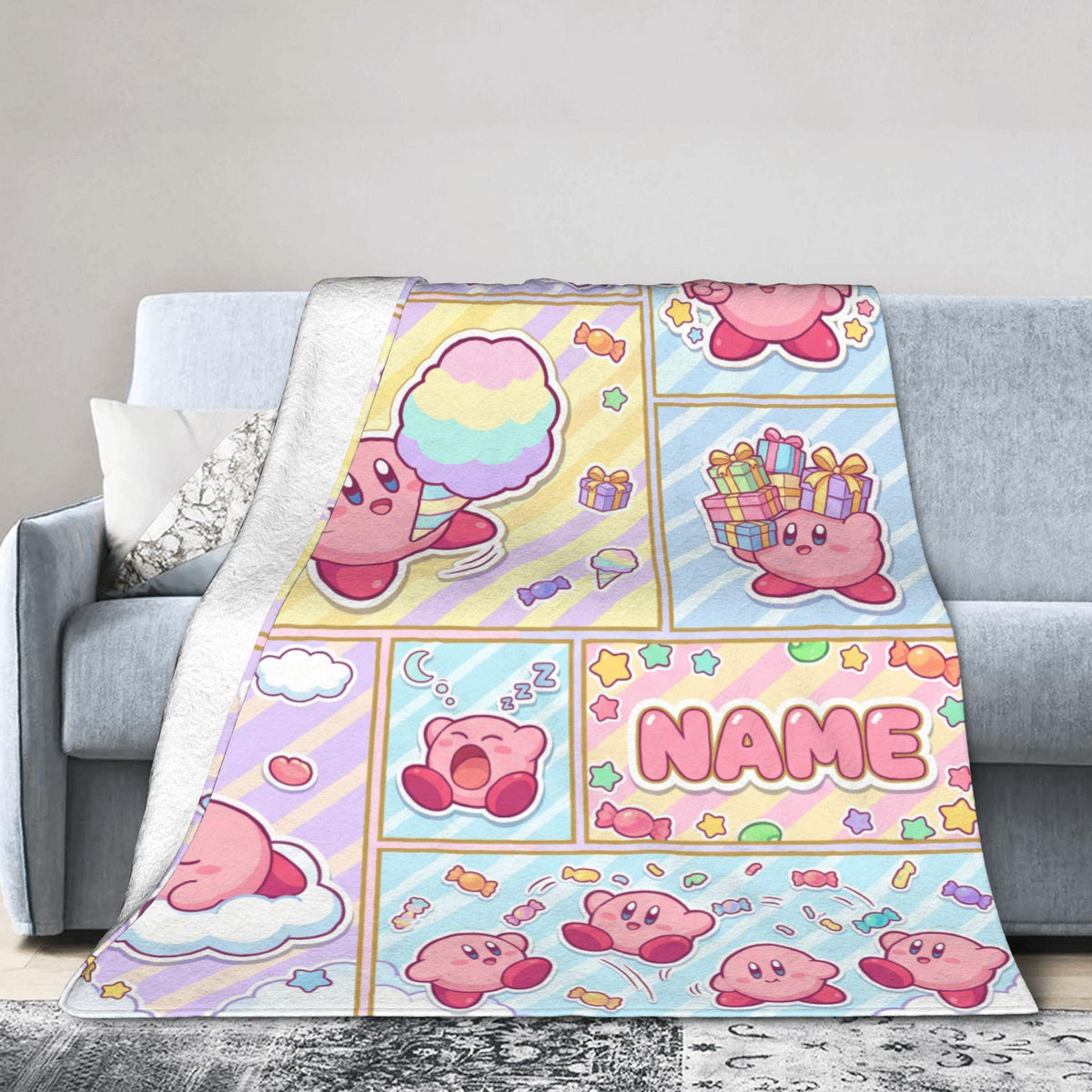 Custom Name Kirby Blanket, Comic Strip Fleece Throw, Gamer Girl Gift, Personalized Anime Birthday Christmas Gift for Kids Teens Girlfriend