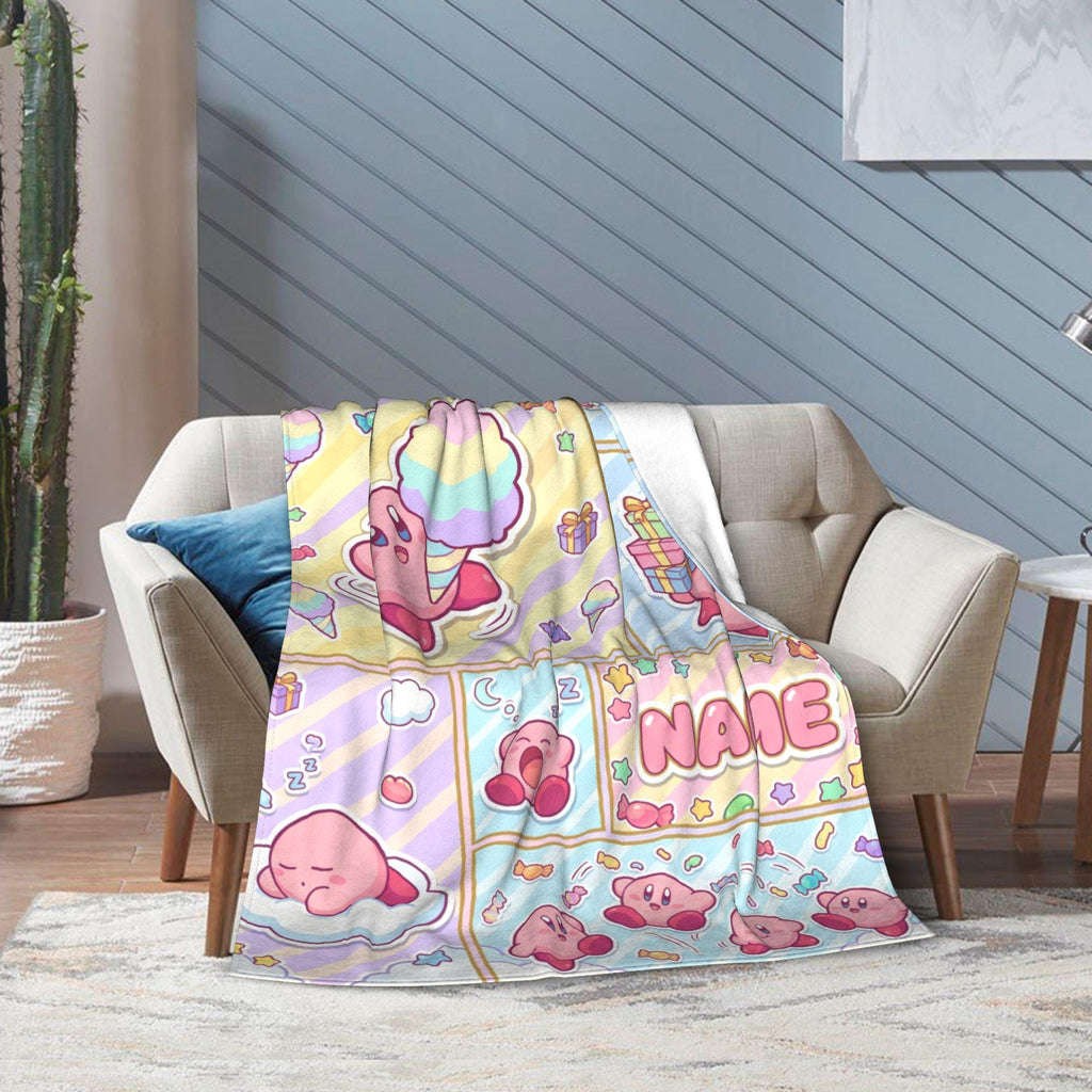 Custom Name Kirby Blanket, Comic Strip Fleece Throw, Gamer Girl Gift, Personalized Anime Birthday Christmas Gift for Kids Teens Girlfriend