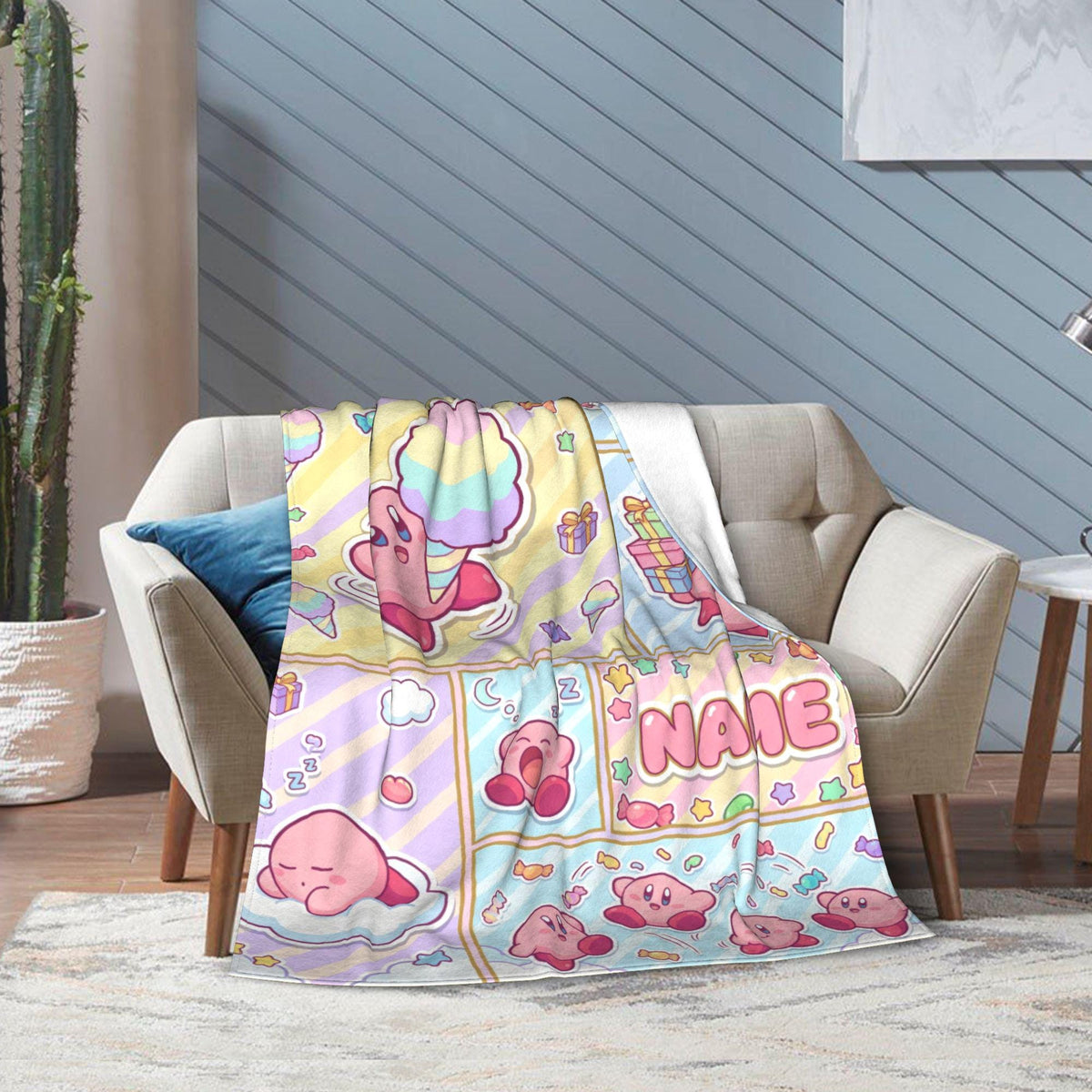 Custom Name Kirby Blanket, Comic Strip Fleece Throw, Gamer Girl Gift, Personalized Anime Birthday Christmas Gift for Kids Teens Girlfriend