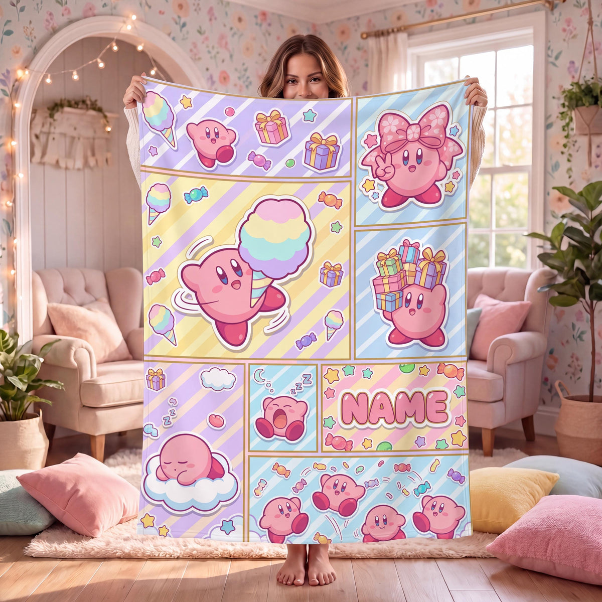 Custom Name Kirby Blanket, Comic Strip Fleece Throw, Gamer Girl Gift, Personalized Anime Birthday Christmas Gift for Kids Teens Girlfriend