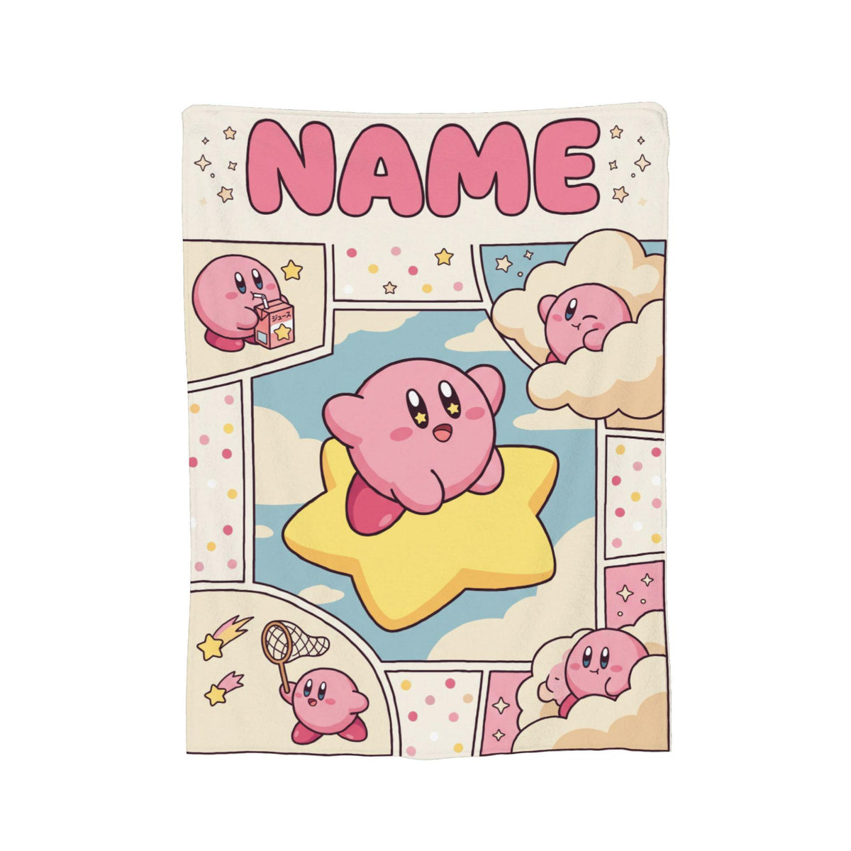 Custom Name Kirby Blanket, Warp Star Comic Throw, Gamer Girl Gift, Personalized Anime Birthday Christmas Gift for Kids Teens Boyfriend