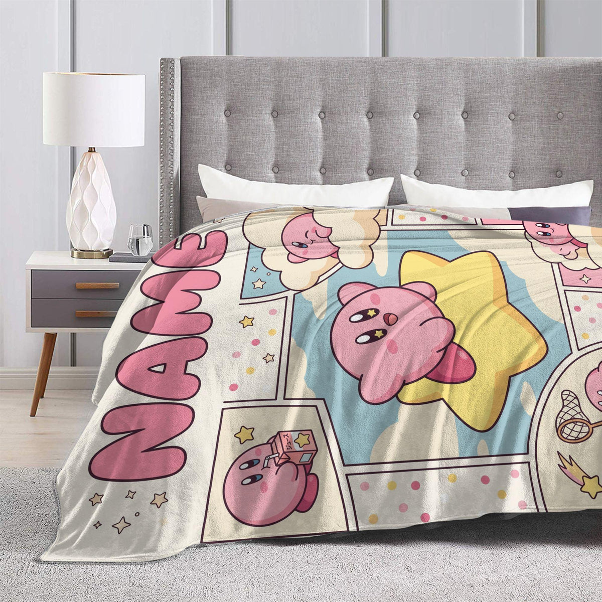 Custom Name Kirby Blanket, Warp Star Comic Throw, Gamer Girl Gift, Personalized Anime Birthday Christmas Gift for Kids Teens Boyfriend