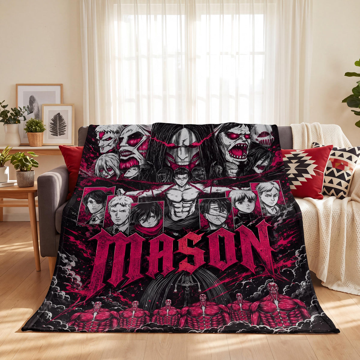 Personalized Anime AOT Blanket Custom Name Flannel SNK Throw Dark Fantasy Lover Gift Otaku Room Decor Teen Boy Birthday Gift Anime Merch