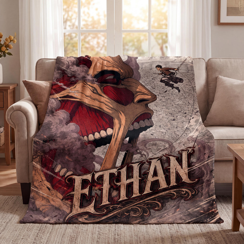 Custom Name AOT Blanket, Personalized SNK Anime Throw, Otaku Gaming Room Decor, Manga Fan Bedding, Colossal Art Gift for Teenage Boys