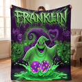 Personalized Halloween Blanket, Spooky Monster Custom Name Throw, Neon Green Creepy Dice Ghost Fleece, Goth Room Decor Gift for Boys