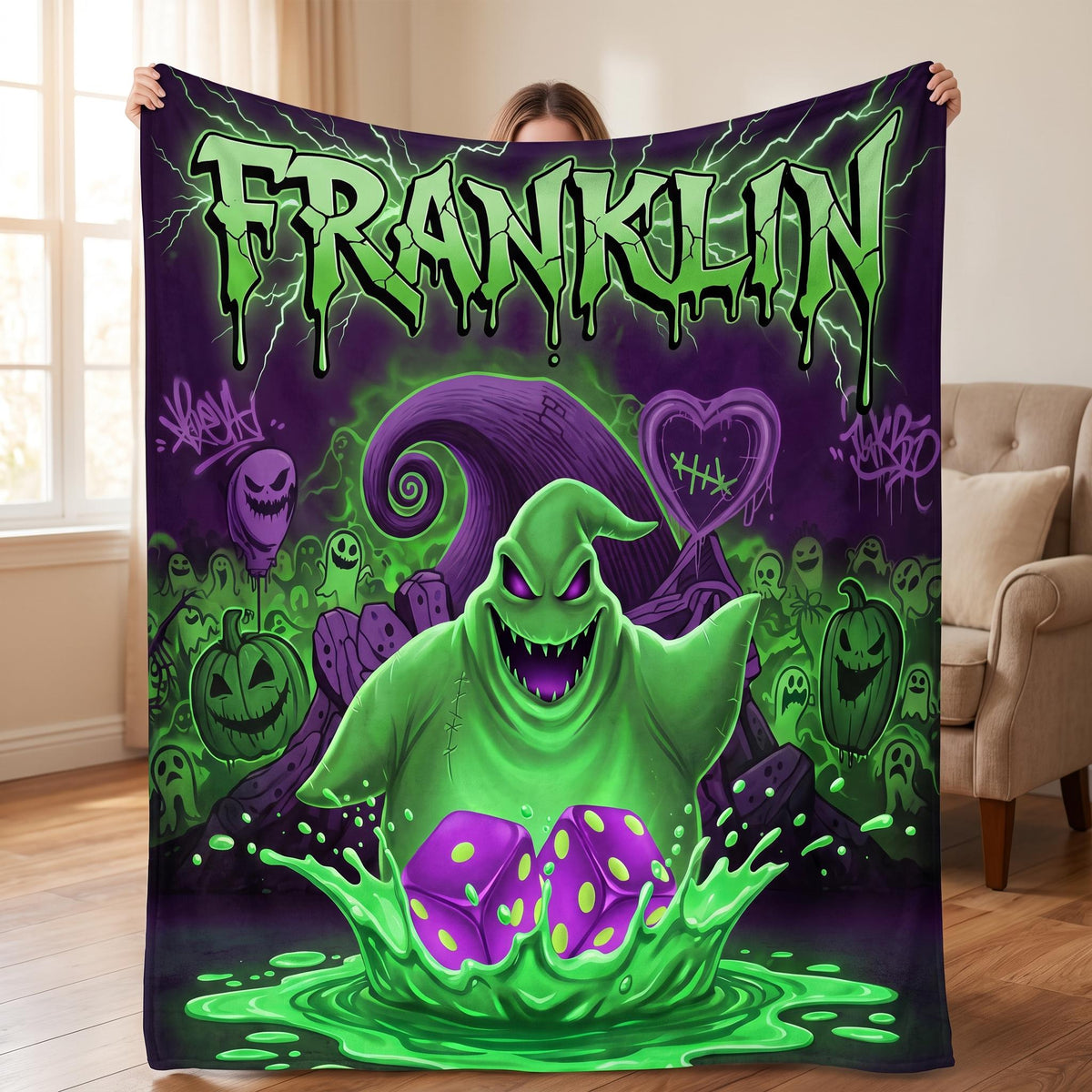 Personalized Halloween Blanket, Spooky Monster Custom Name Throw, Neon Green Creepy Dice Ghost Fleece, Goth Room Decor Gift for Boys
