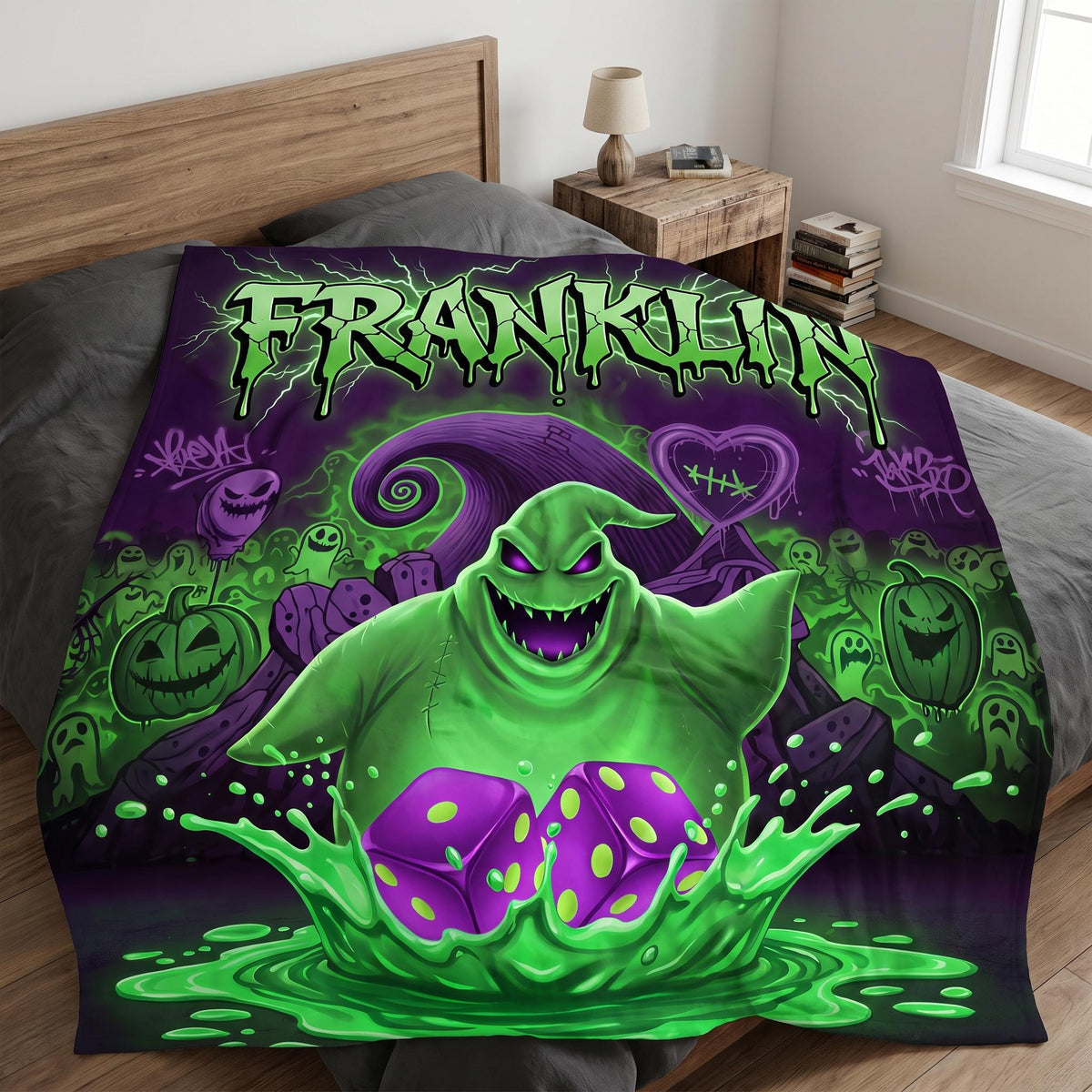 Personalized Halloween Blanket, Spooky Monster Custom Name Throw, Neon Green Creepy Dice Ghost Fleece, Goth Room Decor Gift for Boys