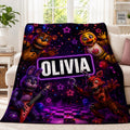 Custom FNAF Blanket, Personalized Five Nights Flannel Throw, Neon Gaming Merch, Custom Name Gamer Birthday Gift for Kids Room Bedding