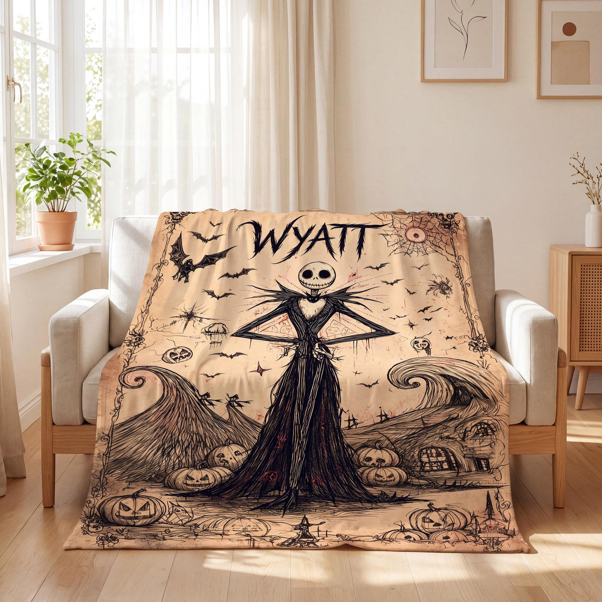 Personalized Jack Skeleton Flannel Name Blanket, Custom Gothic Halloween Throw, Spooky Christmas Fan Gift, Pumpkin King Decor Bedding